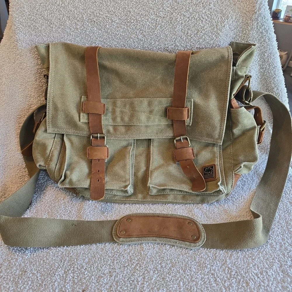 Sechunk Vintage Military Leather Canvas Crossbody Messenger Bag Retro Y2K Vibes